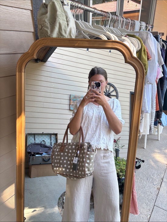 Myra Bag Handbags - Myra Bag Taupe Star Canvas Tote with Brown Handles and White Stars